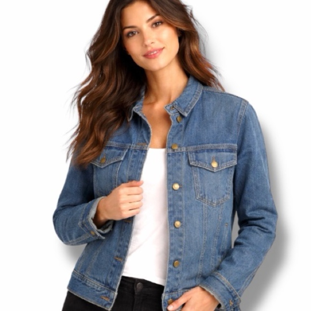 Denim Jean Jacket Blue Button-Up Mid-Length